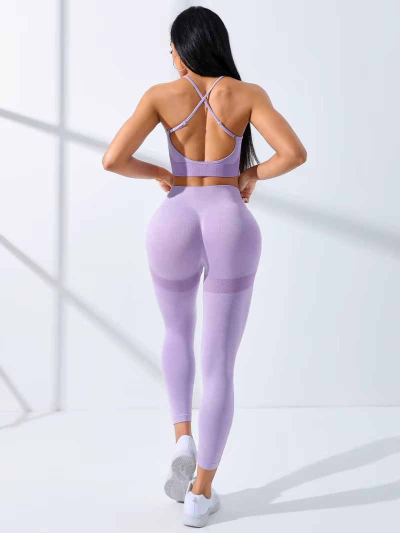 Women Yoga Set 2/Pcs Seamless Workout Outfits Yoga Sportswear Tracksuit Leggings and Thin Shoulder Strap Stretch Sports Bra Fitn
